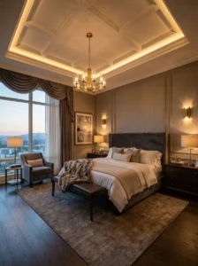 Well-designed bedroom with layered ambient task and natural lighting