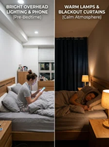 Warm bedside lighting compared with bright overhead bedroom lighting