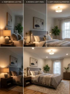 Different bedroom lighting layers working together for comfort and function