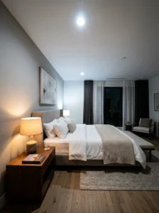 Bedroom showing the difference between harsh overhead lighting and warm layered lighting