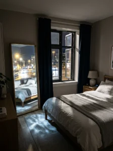 Bedroom mirror reflecting outside light onto the bed