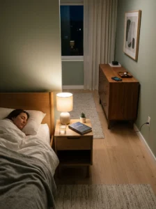 Glass water carafe and drinking glass on a bedroom nightstand.