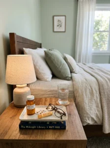 Smartphone charging away from the bed instead of on the nightstand.Smartphone charging away from the bed instead of on the nightstand.