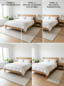 Alt Text: Three common rug placement options under a bed