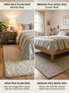 Alt Text: High-pile and medium-pile rugs under a bed