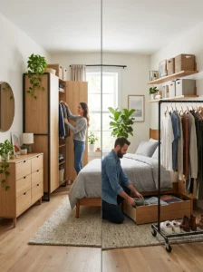 Different storage solutions for a bedroom without closet space