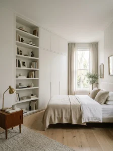 Bedroom storage wall with bookshelves, storage bench, and decorative organization ideas