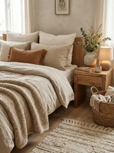 Layered bedroom textures make a minimalist space feel warm instead of cold.