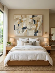 Large artwork above a bed used instead of a headboard.