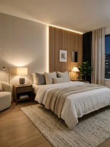 Accent wall behind a bed creating a headboard effect.