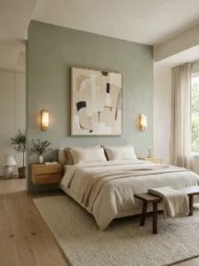 Minimal bedroom accent wall with simple artwork and uncluttered styling