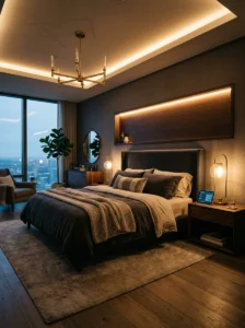 Bedroom with adjustable layered lighting controlled by dimmers