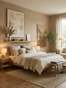 Wall-mounted artwork and shelves replacing a traditional headboard.