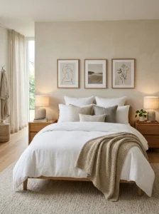 Bedroom without a headboard styled with artwork and layered bedding.