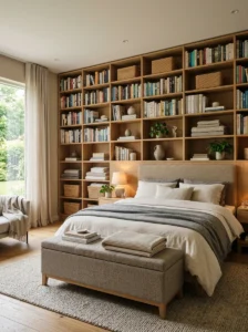 Bedroom with under-bed storage bins and floating shelves maximizing storage space