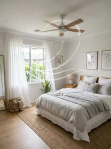 Bedroom with proper airflow using a ceiling fan and open window.
