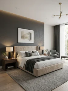 Bedroom with a dark headboard accent wall highlighting the bed as the focal point