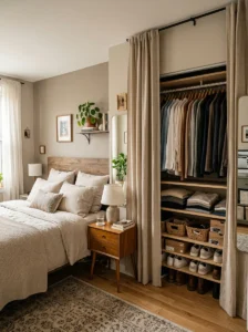 Alt Text: Curtain concealing clothing storage in a bedroom without a closet.