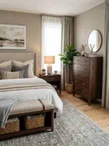 Wall-mounted hooks and rails creating extra bedroom storage