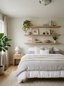Floating shelves above a bed replacing a traditional headboard.
