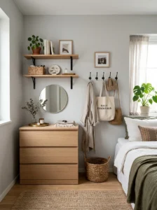 Alt Text: Floating shelves and wall hooks adding storage to a bedroom without a closet.