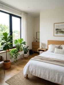 Bedroom with indoor plants supporting a fresh environment.
