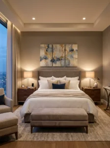 Matching bedside tables creating a balanced bedroom design.