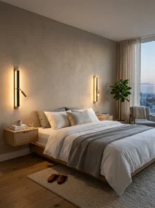 Wall sconces framing a bed without a headboard.