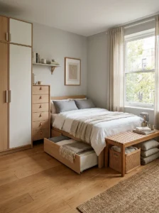 Alt Text: Multifunctional bedroom furniture maximizing storage in a room without a closet.