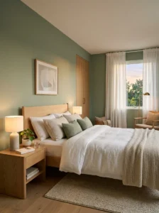 Alt Text: Peaceful bedroom with calming colors designed to help improve sleep quality.