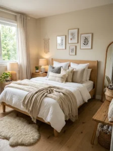 Functional bedroom furniture arrangement prioritizing storage needs.