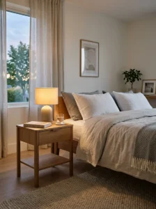 Modern bedroom nightstand with a lamp, water glass, book, and neatly arranged essentials.