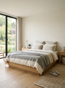 Bedroom with a platform bed and no headboard against a plain wall.