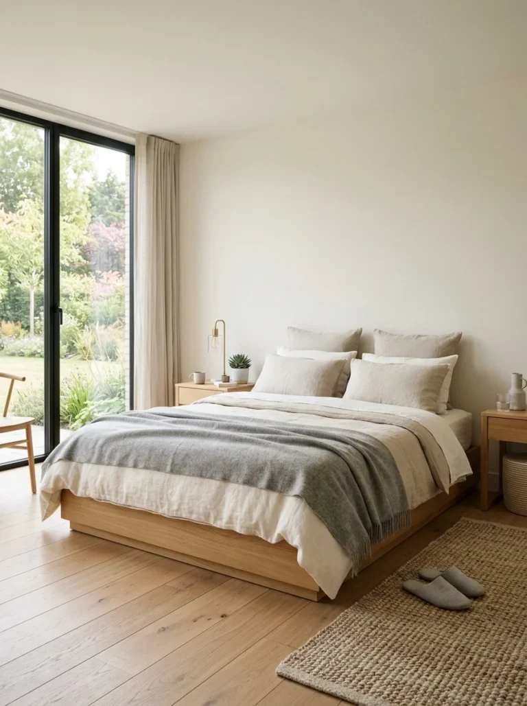 Bedroom with a platform bed and no headboard against a plain wall.