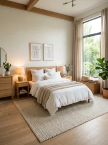 Alt Text: Queen bed placed on a properly sized neutral area rug in a modern bedroom
