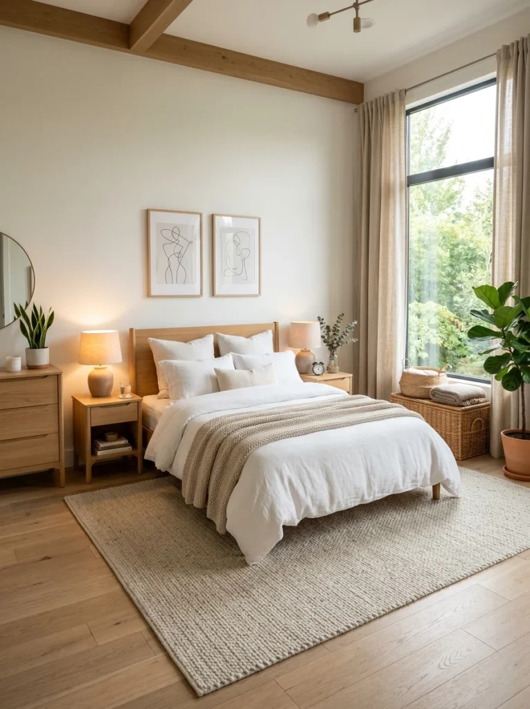 Alt Text: Queen bed placed on a properly sized neutral area rug in a modern bedroom