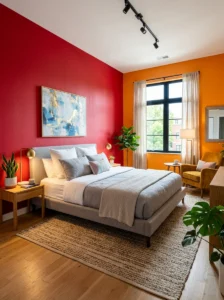 Wall-mounted shelves and hooks creating extra storage in a closet-free bedroom.