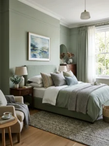 Tall dresser providing folded clothing storage in a small bedroom.