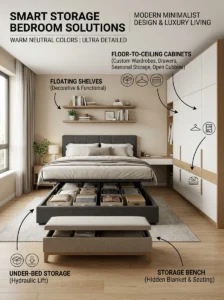 Modern bedroom displaying practical storage solutions for rooms without built-in storage