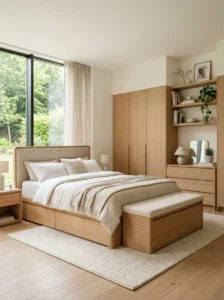 Freestanding bedroom cabinets styled to look like custom built-in storage with matching wall color