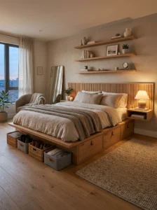 Bedroom corner storage using floating corner shelves and over-the-door organizer