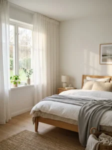 Bedroom with adjustable layered lighting controlled by dimmers