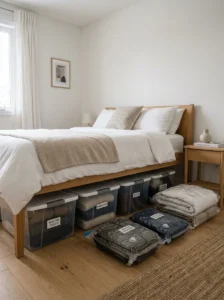 Alt Text: Under-bed storage boxes and vacuum bags for seasonal clothing.