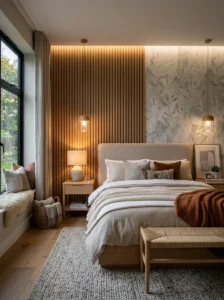 Bedroom with textured wood slat and wallpaper accent wall adding depth and warmth