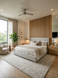 Modern bedroom with a stylish wood slat accent wall behind the bed creating a warm focal point