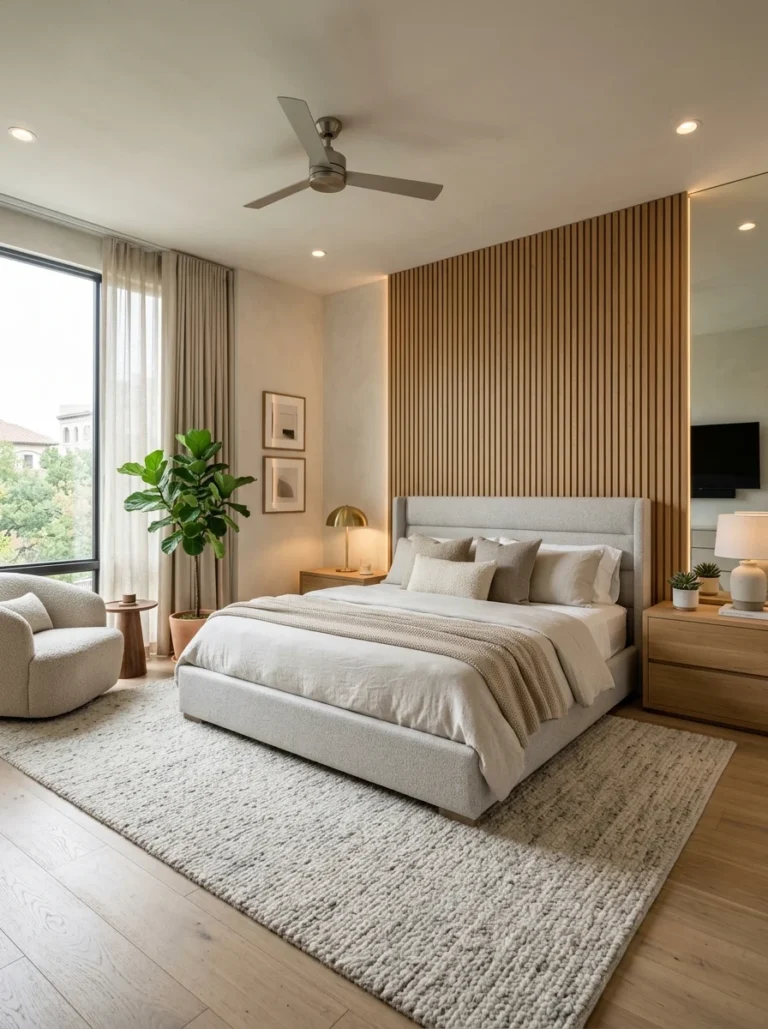 Modern bedroom with a stylish wood slat accent wall behind the bed creating a warm focal point