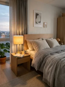 Warm bedside lamp creating relaxing bedroom lighting.