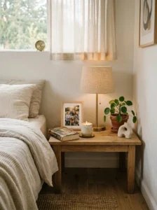 Personal decor adds warmth and character to a calm minimalist bedroom.