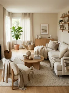 Neutral living room enhanced with layered textures.