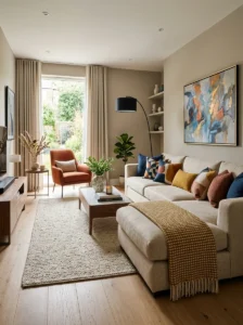Adding accent colors through pillows, artwork, and décor instead of the sofa